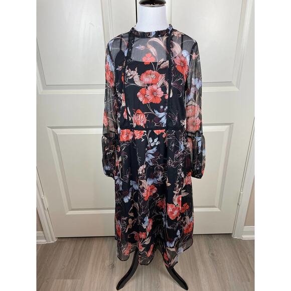 Who What Where Winter Bloom Black Red Floral Midi Dress Size XS New - Picture 3 of 8